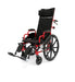 Three-quarter view of a red Ziggo Pro wheelchair with a 14-inch seat width and a 200 lb weight capacity, showing the sturdy frame and high-back support system.