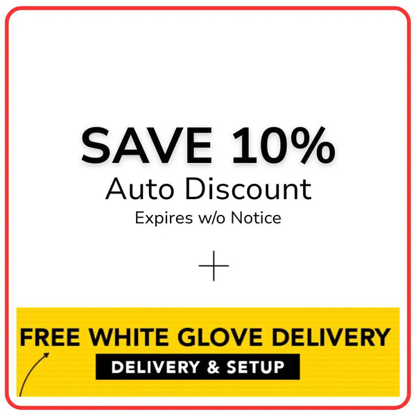 Promotional graphic showing a 10 percent auto-applied discount and free white glove delivery with delivery and setup included.