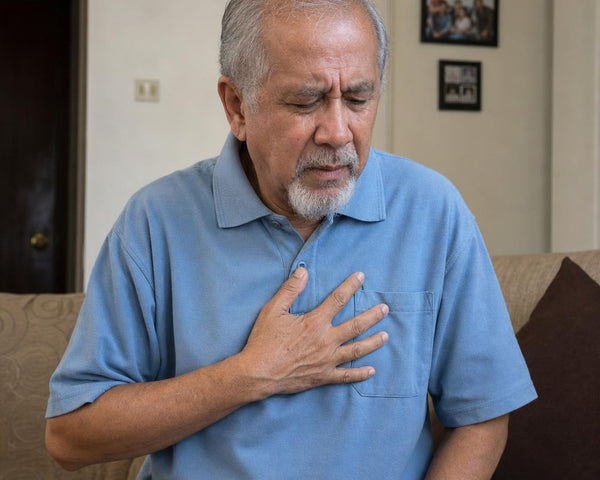 Man in a blue shirt sitting on a couch with his hand on his chest, possibly experiencing discomfort.