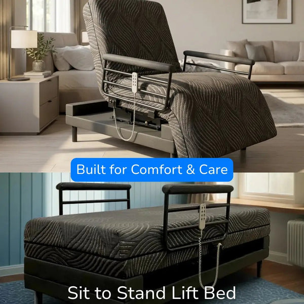 Sit to stand adjustable lift bed shown in seated and flat positions, featuring side rails, wired remote control, and cushioned mattress designed for comfort, mobility support, and home care use