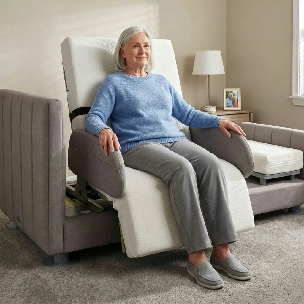 Senior woman seated upright on Starsleep Orin rotating hospital bed with integrated mattress and massage function, shown in assisted rotation position for safe transfers in home setting.