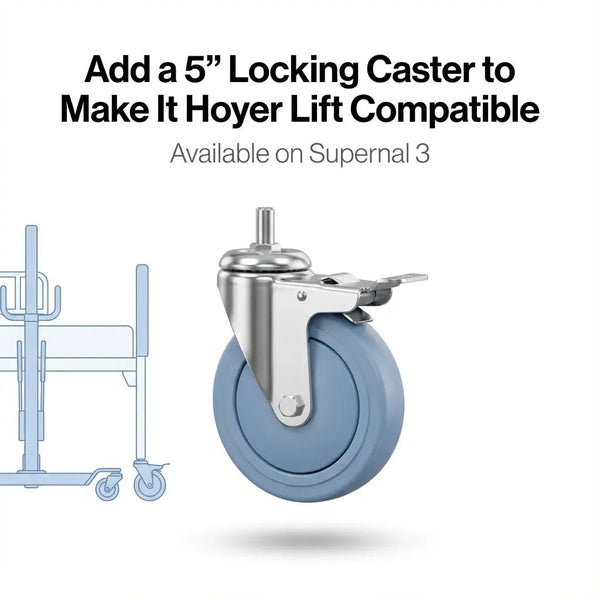 Close-up of a 5-inch locking caster wheel accessory designed to make the Supernal 3 bed compatible with Hoyer lifts for patient transfers.