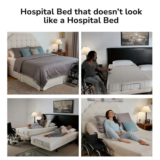 Four-panel lifestyle collage illustrating the Supernal 3 luxury electric hospital bed blending into a home environment. The text overlay reads, "Hospital Bed that doesn't look like a Hospital Bed." Panels show the bed fully made up, a user in a wheelchair adjusting the height with a remote, a couple using dual adjustable beds side-by-side, and a woman relaxing in an elevated position.
