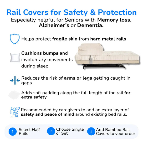 Bamboo padded bed rail covers installed on an adjustable bed, providing full-length cushioning to protect fragile skin and reduce gaps for added safety.