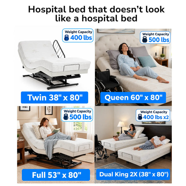 Transfer Master Supernal 3 available in four sizes: Twin 38x80 400 lbs, Queen 60x80 500 lbs, Full 53x80 500 lbs, and Dual King 2X 38x80 400 lbs each, shown in home bedroom settings
