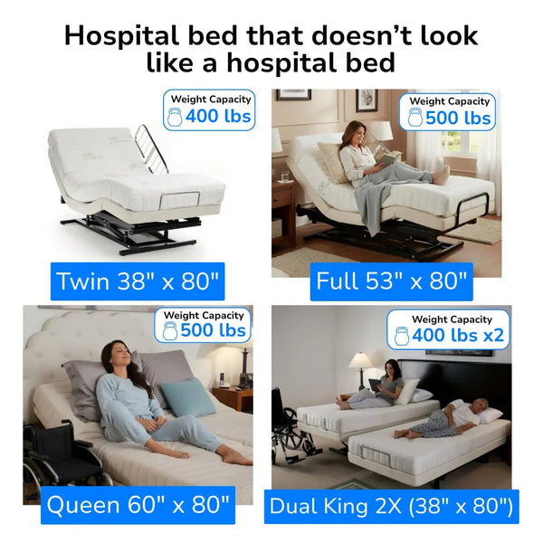 Supernal 3 adjustable hospital-style bed for home use showing Twin, Full, Queen, and Dual King sizes with weight capacities from 400 to 500 lbs in a residential bedroom setting