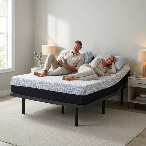 Couple relaxing on a Synergy adjustable bed in a modern bedroom, demonstrating adjustable head positioning and split comfort design