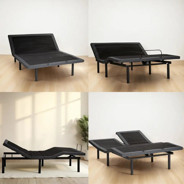 Synergy adjustable bed base shown in multiple positions, including flat, head elevated, foot elevated, and split head configuration on a minimalist studio background