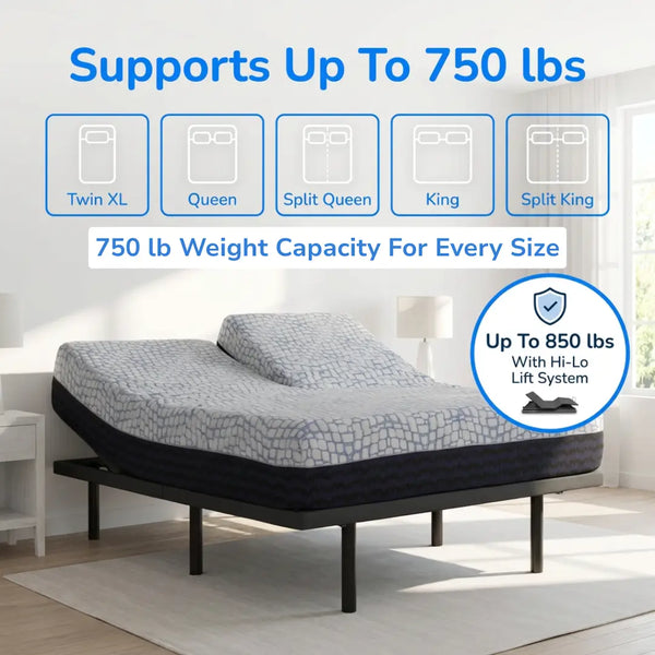 the Sinergy bed supports up to 750lbs and you can upgrade up to 850 lbs with Hi-lo Lift System