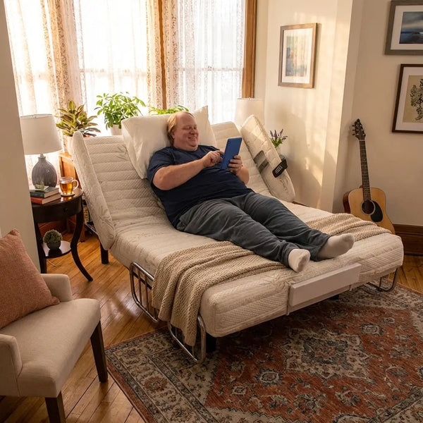 Night Rider HD bariatric electric bed in a home setting with head and foot raised