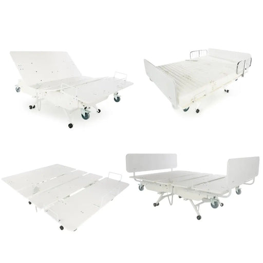 Multiple views of the Transfer Master Night Rider bariatric electric hospital bed showing frame, deck, casters, and mattress support configurations