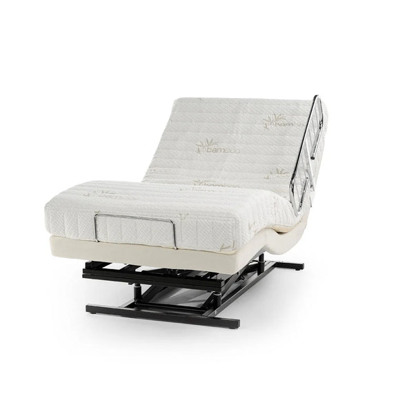 Transfer Master Supernal 3 hospital bed with head section elevated showing adjustable positioning and bamboo mattress cover