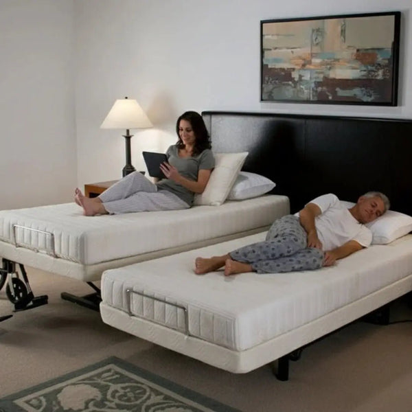 Transfer Master Supernal 3 dual king setup with two synchronized beds in residential bedroom. One bed is elevated higher for personal preference. 