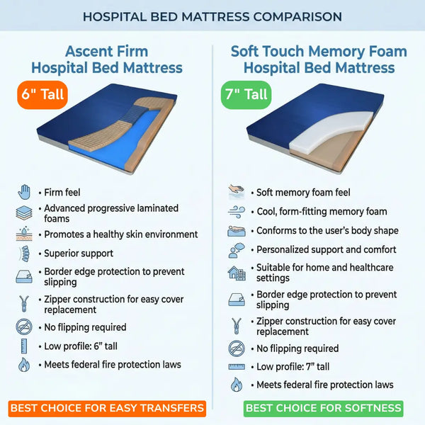 Ascent Firm vs Soft Touch Memory Foam mattress comparison for Transfer Master Supernal 3, showing foam layers and key features