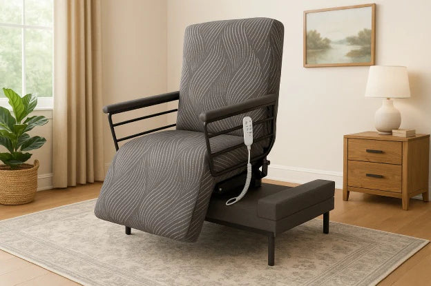 The UPbed Independence Adjustable Bed for Seniors by Journey Health is partially elevated in a cozy living room, offering comfort and fall prevention, beside a rug, wooden side table with lamp, potted plant, and framed painting on the wall.