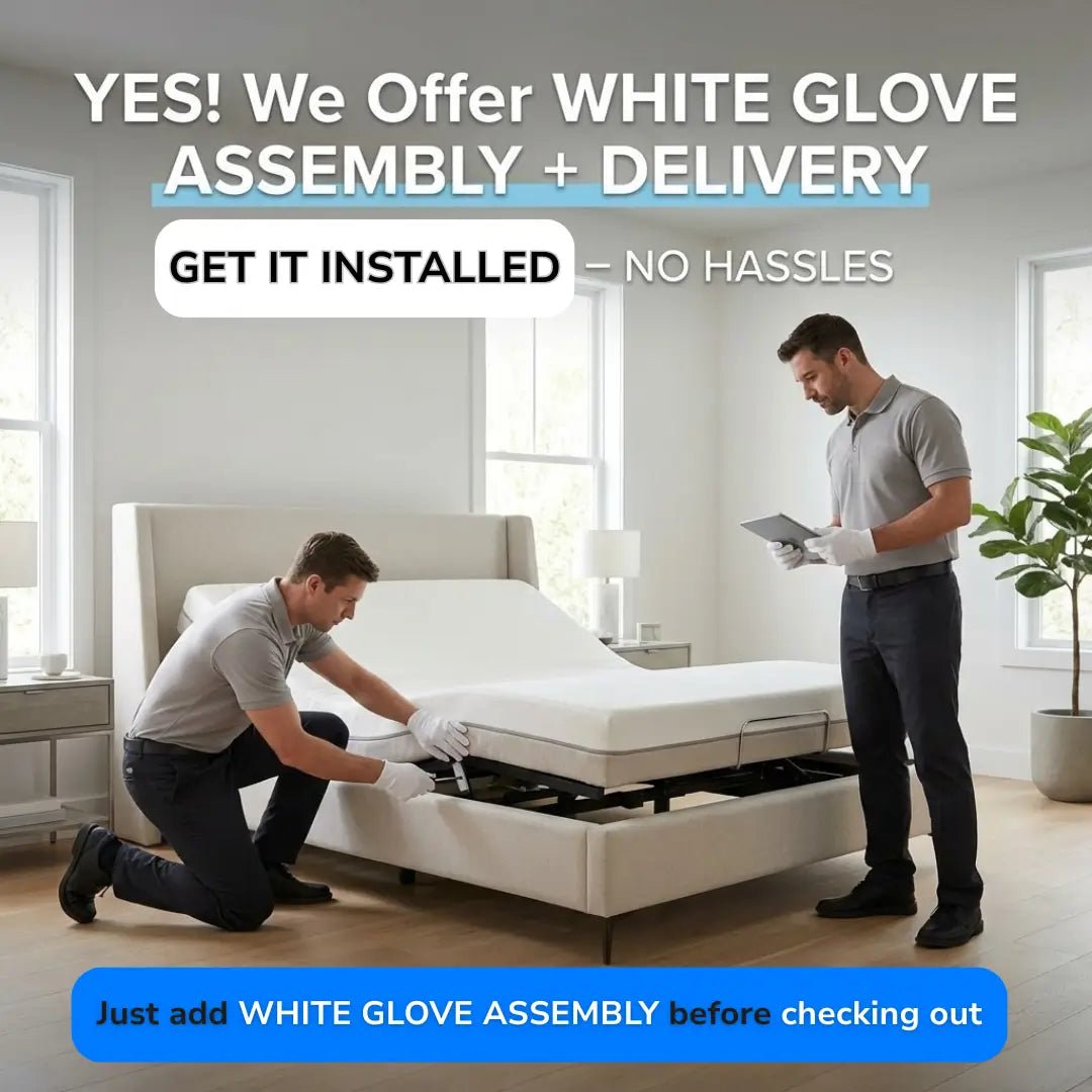 White glove delivery team installing an adjustable bed in a bedroom, showing professional in-home assembly and setup service