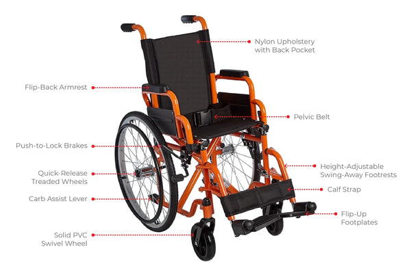 An orange Ziggo Lightweight Pediatric Wheelchair shown from a three-quarter angle. Red dotted lines point to various features including the nylon upholstery with back pocket, flip-back armrests, pelvic belt, height-adjustable swing-away footrests, calf strap, flip-up footplates, solid PVC swivel wheels, curb assist lever, quick-release treaded wheels, and push-to-lock brakes.